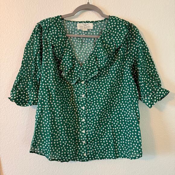 Trovata Green Polka Dot Shirt Blouse Ruffled Short Sleeve Size M Anthro Cottage - Picture 2 of 9
